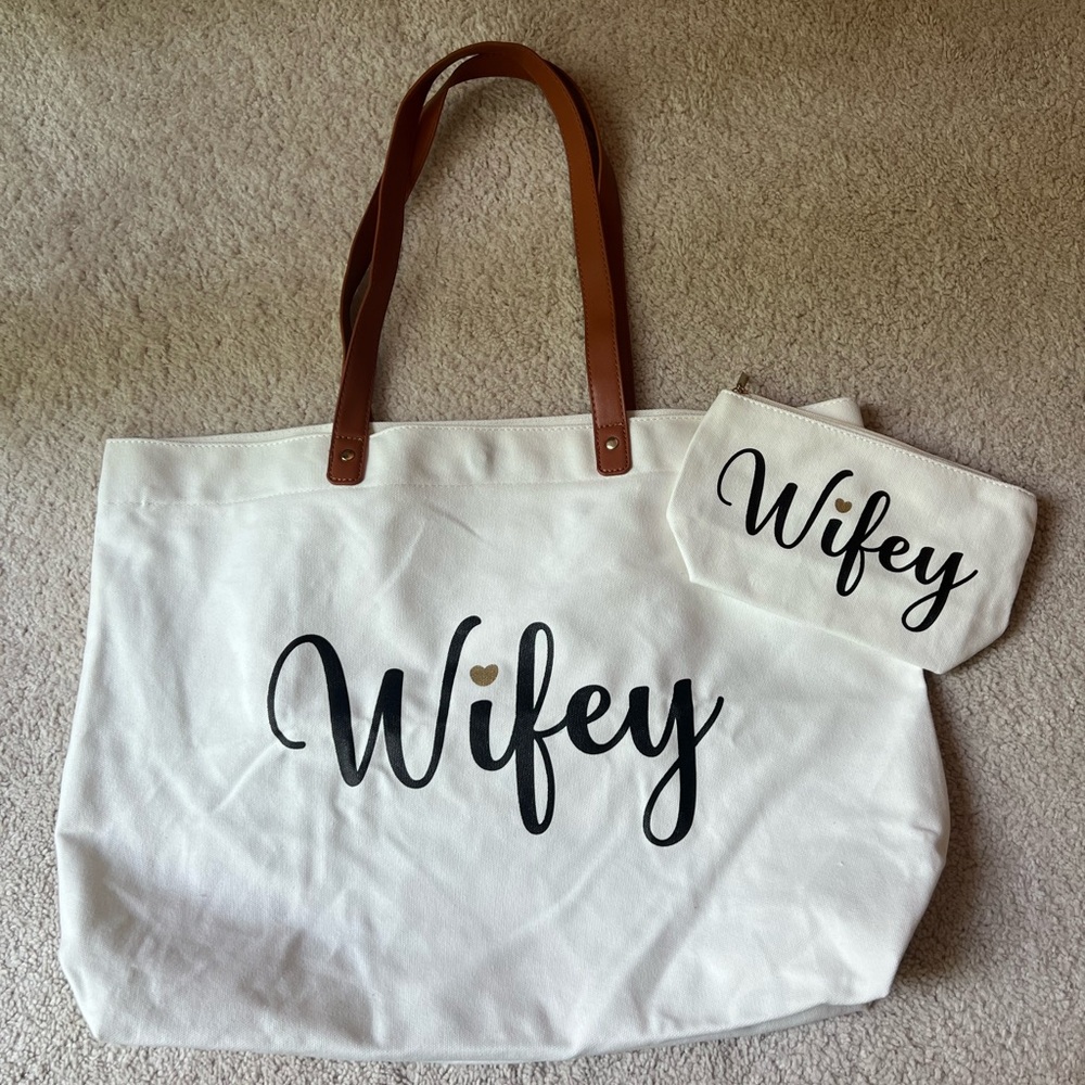 Wifey White and Brown Tote Bag Set